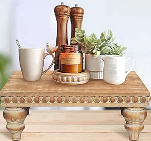 Decorative Tray Stand Display Riser - Wooden Tiered Tray Decor for Tabletop Use, Kitchen Island, Coffee Bar - Farmhouse Wood Risers, Beaded Pedestal Stand Farmhouse Kitchen Decor (Rustic Brown) Island Coffee Bar, Wood Tray Centerpiece, Wooden Tiered Tray, Wooden Risers, Centerpiece Stand, Wood Risers, Table Riser, Tray Centerpiece, Tiered Tray Stand