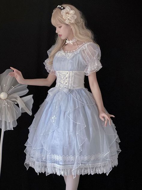 Princess Fairy Dress, Japanese Princess, Dress Fairy, Dress With Corset, Op Dress, High Waist Short, Aesthetic Dress, Marine Uniform, Light Blue Dresses