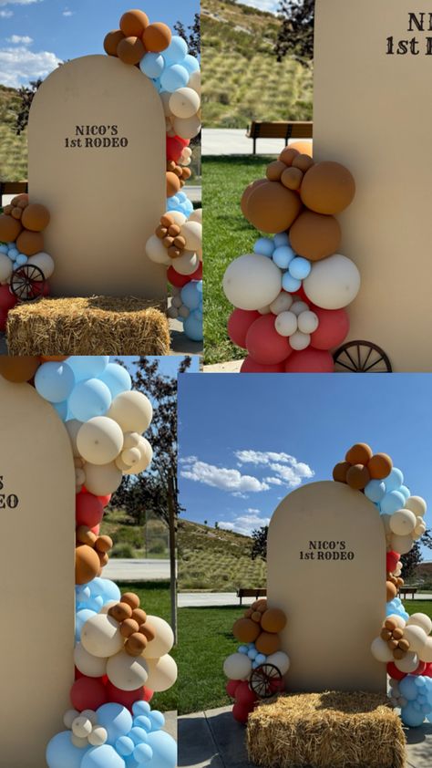 Light blue, brown,  red, & tan balloons with a tan arch wall. Outdoors. Outdoor party. First birthday theme. Rodeo Themed Birthday Party, Rodeo Themed Birthday, 1st Rodeo, Arch Wall, First Rodeo, Themed Birthday Party, Birthday Party Themes, Rodeo, Arch