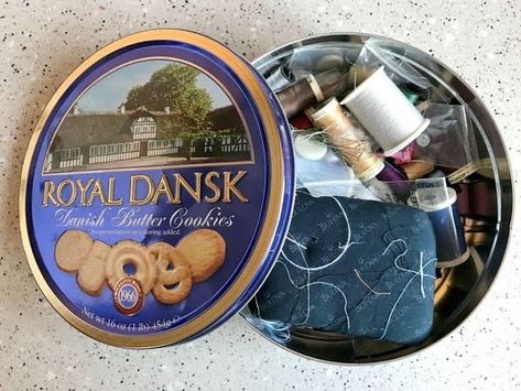 Here's Why People Started Storing Sewing Kits Inside Those Blue Danish Cookie Tins Danish Biscuits, Butter Cookies Tin, Sewing Kit Storage, Diy Storage Solutions, Elma Chips, Sewing Kit Box, Danish Cookies, Grandma Cookies, Danish Butter Cookies