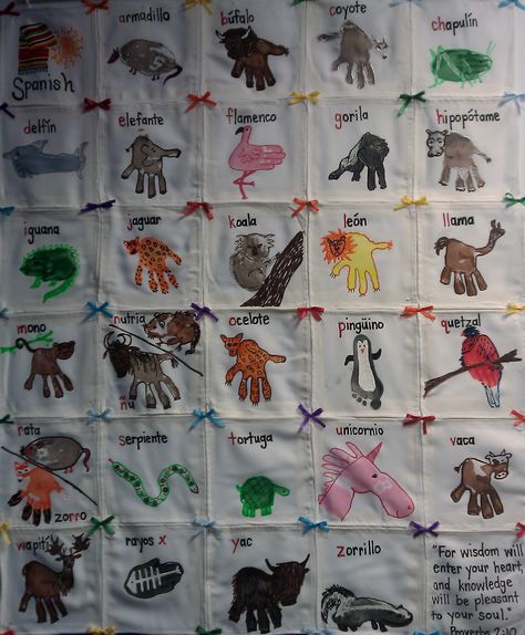 Spanish Animal Alphabet themed preschool class hand print quilt: "For wisdom will enter your heart, and knowledge will be pleasant to your soul." (Proverbs 2:10) Handprint Animals, Handprint Alphabet, Hand Print Animals, Spanish Animals, Class Auction, Proverbs 2, Baby Art Projects, Preschool Class, Classroom Projects