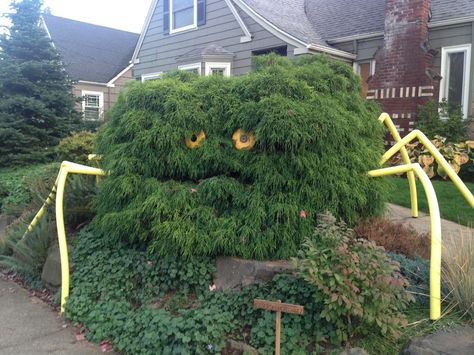 Neat way to transform a bush into a Halloween monster. Credit to my neighbors here in Portlandia! Bush Monster Halloween, Halloween Bush Eyes, Monster Bushes Halloween, Bush Monster, Yard Monsters, Halloween Yard Art, Halloween Outside, Monster Halloween, Fun Halloween Crafts