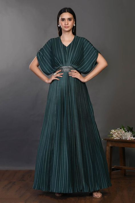 Buy Onaya Green Cotton Pleated Dress Online | Aza Fashions Pleated V-neck Gown For Party, V-neck Pleated Dress For Evening, Pleated V-neck Evening Gown, Elegant Maxi-length Pleated Dress With Accordion Pleats, V-neck Pleated Waist Daywear Maxi Dress, Gown Green, Pleated Gown, Gown For Women, Gowns Online