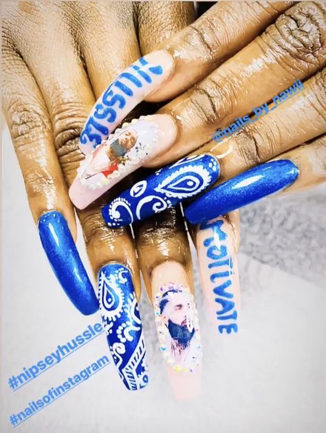 Nipsey Hussle dedication nail design/ long acrylic nails Finger Nail Art Designs, Inspiration For Black Women, Nails Shapes, Fab Nails, Sassy Nails, Finger Nail Art, Nipsey Hussle, Long Acrylic, Best Nails