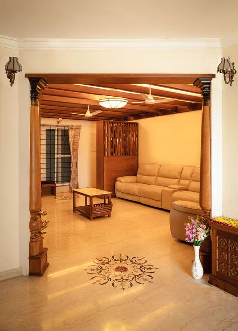 traditional Chettinad architecture in a contemporary context Wooden Pillars Design, Chettinad House Interiors, Pillar Design Interior, Chettinad House, Living Room Wall Designs, India Home Decor, Indian Home Design, Indian Home Interior, House Outside Design