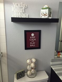 Baseball themed bathroom update Man Bathroom Decor, Baseball Bathroom Decor, Boy Bathroom Ideas, Baseball Bathroom, Sports Bathroom, Boys Bathroom Decor, Baseball Bedroom