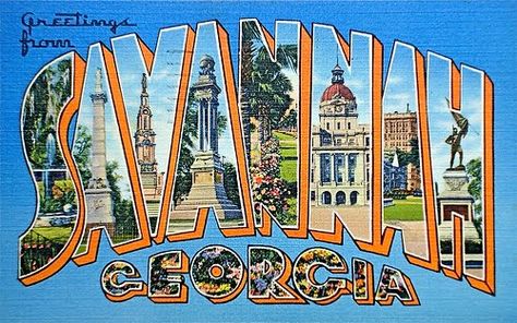 Savannah Georgia Travel, Georgia Travel, Boston Public Library, Travel Postcard, Big Letters, Tybee Island, Savannah Georgia, Vintage Poster Art, Most Beautiful Cities