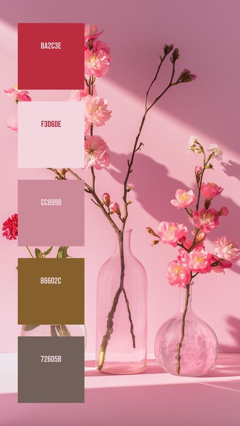 Colors:
BA2C3E ° F3D6DE ° CC8998 ° 86602C ° 72605B Vases And Flowers, Website Color Palette, Color Design Inspiration, Baby Room Themes, Blossom Branch, Hex Color Palette, Pink Backdrop, Cherry Blossom Branch, Pink Palette