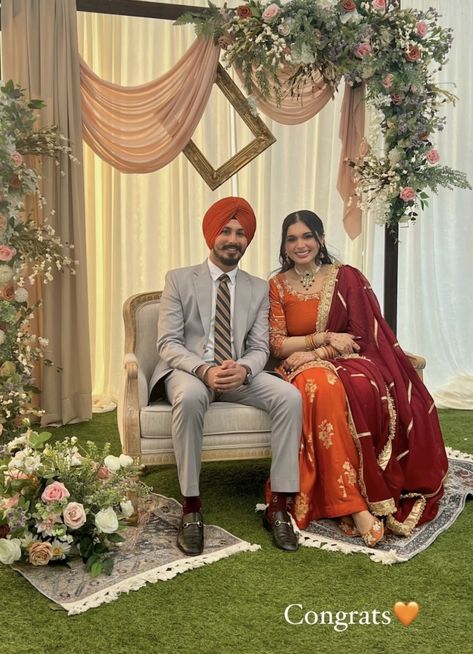 Punjabi Roka Ceremony Outfits, Punjabi Bride Outfits, Rokha Outfits, Punjabi Engagement Outfit, Engagement Outfits Indian Couple, Roka Ceremony Outfits, Punjabi Engagement, Roka Outfits, Sikh Wedding Decor