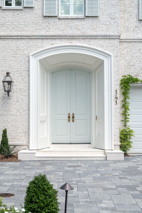 European Exterior Door, Exterior Entrance, Arch French Front Door, Tall Front Door, French Provincial Garage Doors, French Exterior Homes, Doors Exterior Entrance, White Arched French Doors, Entry Door