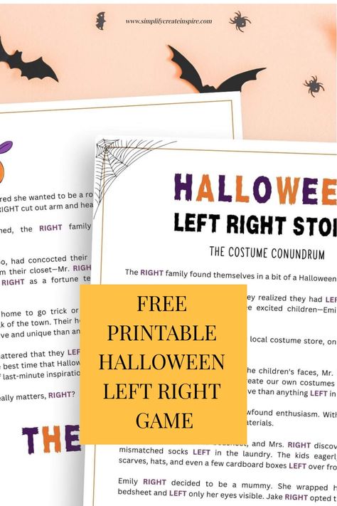 Download the complimentary Halloween left-right game story for your upcoming spooky gathering. Enliven your Halloween party with this engaging and interactive group activity. Add a touch of fun and excitement to your celebration with this free printable game that is perfect for all ages. Enhance the festive atmosphere and create lasting memories with this entertaining Halloween game. Get ready for a night of laughter and enjoyment as you introduce this unique twist to your seasonal get-together! Halloween Left Right Game Free Printable, Left Right Halloween Story Game, Halloween Mystery Touch And Feel Game, Halloween Left Right Game Free, Halloween Touch And Feel Game, Halloween Left Right Game, Free Printable Halloween Games, Left Right Game Story, Gift Passing Game