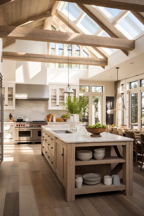 Modern farmhouse kitchen decor, modern farmhouse kitchen pendant lights, island, exposed beams and skylight. Cubbies Mudroom, Barndominium Interior, Bench Dimensions, Farmhouse Kitchen Design, Mudroom Bench, Modern Farmhouse Kitchens, Dream House Interior, Dream House Decor, Luxury Kitchen