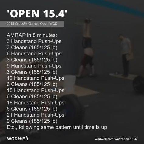 AMRAP in 8 minutes; 3 Handstand Push-Ups; 3 Cleans (185/125 lb); 6 Handstand Push-Ups; 3 Cleans (185/125 lb); 9 Handstand Push-Ups; 3 Cleans (185/125 lb); 12 Handstand Push-Ups; 6 Cleans (185/125 lb); 15 Handstand Push-Ups; 6 Cleans (185/125 lb); 18 Handstand Push-Ups; 6 Cleans (185/125 lb); 21 Handstand Push-Ups; 9 Cleans (185/125 lb); Etc., following same pattern until time is up Crossfit Open Workouts, Handstand Push Up, Background Story, Wod Workout, Crossfit Wod, Push Up Workout, Reebok Crossfit, Crossfit Games, Popular Workouts