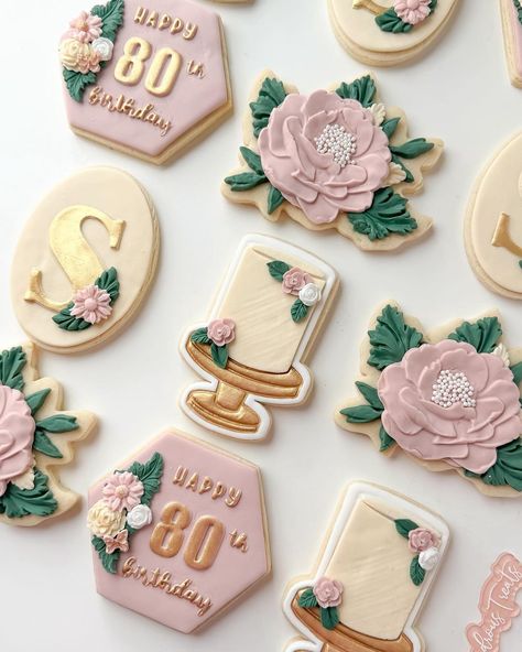 🌷Beautiful 80th Birthday cookies for Sue ✨ #cookies#cookiesofinstagram#birthday#birthdaycookies#80#lasvegas#lasvegascookies | Instagram 80 Birthday Cookies, 80th Birthday Cookies Decorated, 80th Birthday Cookies, 90 Birthday, Decorating Icing, Cake Decorating Icing, Sugar Cookie Designs, 90th Birthday, Birthday Cookies