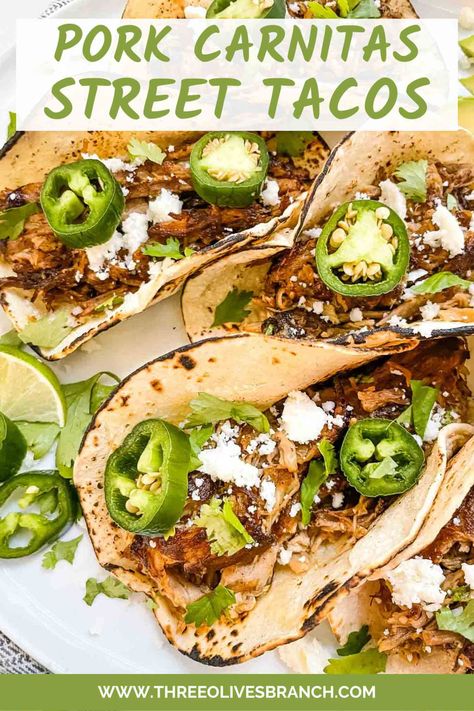 These Pulled Pork Carnitas Street Tacos are an easy and delicious Mexican dinner recipe! Perfect for taco Tuesday and a weeknight meal. Gluten free. Gluten Free Street Tacos, Shredded Mexican Pork, Carnitas Tacos Sauce, Sauce For Pulled Pork Tacos, Carnitas With Leftover Pulled Pork, Smoker Tacos, Pulled Pork Tacos With Slaw, Pork Tacos Mexican, Pulled Pork Street Tacos