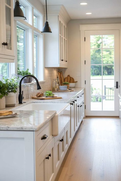 Timeless Galley Kitchen, Home Town Kitchen, Farmhouse Kitchen Granite Countertops, White Kitchen Cabinets And Backsplash, Cape Cod House Kitchen, White Kitchen Caninets, Bodbyn Kitchen White, Kitchen With Light Wood Floors, Grey Countertops White Cabinets