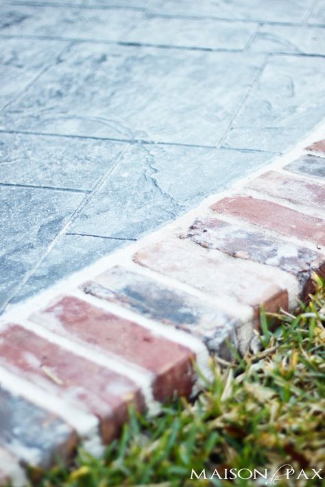 We used a blue/gray stamped concrete for the main portion of the porch and bordered it in an antique-looking brick. gorgeous stamped concrete and antique brick patio | maisondepax.com Back Porch Renovation, Antique Brick Patio, Porch Renovation, Back Porch Designs, Brick Border, Patio Edging, Brick Edging, Cement Patio, Brick Patio