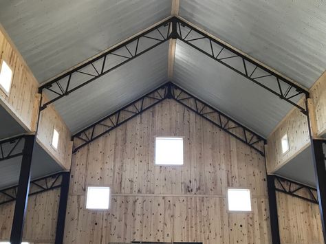 galvanized steel ceiling against the exposed beams and shiplap are a wonderful contrast Exposed Metal Trusses, Metal Trusses Ceiling Exposed, Exposed Metal Beams Ceiling, Metal Beams Ceiling Exposed, Exposed Steel Beams Ceiling, Exposed Metal Beams, Metal Ceiling Ideas, Construction Foundation, Retail Building