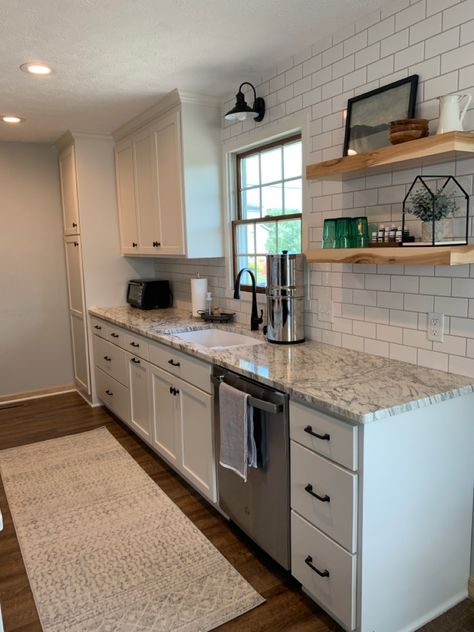 Redo Small Kitchen Layout, Open Shelves Galley Kitchen, Galley Kitchen With White Cabinets, Small Galley Style Kitchen Ideas, Small Rambler Kitchen Remodel, Kitchen Ideas Long Layout, Gally Kitchen To Open Concept, Farmhouse Kitchen Galley, Alleyway Kitchen Ideas