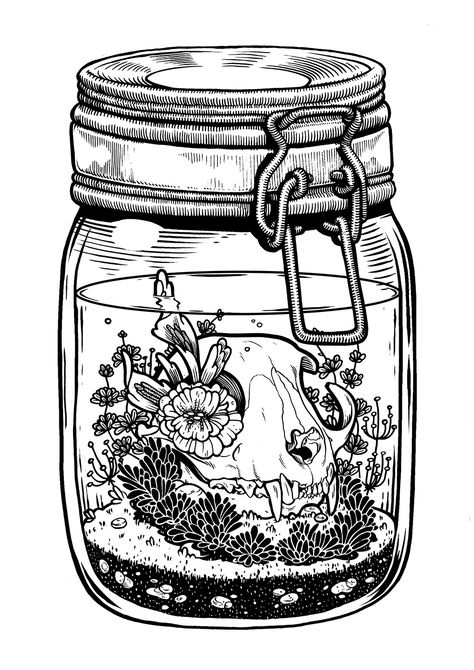 Crystal Jars, Awesome Drawing, Geniale Tattoos, Jar Art, Arte Obscura, 자수 디자인, 문신 디자인, Animal Skulls, Skull Art