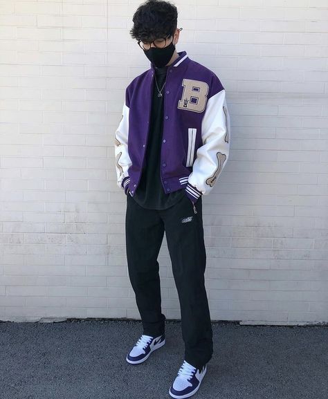 Varsity Jacket Mens Street Style, Purple Outfits Men Street, Purple Black Outfit Men, Purple Varsity Jacket Outfit Mens, Varsity Jacket Outfits Men, Black And Purple Streetwear Outfit Men, Purple And Black Outfits Men, Varsity Outfit Men, Purple Varsity Jacket Outfit