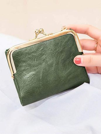 Green Fashionable Collar PU Leather Plain Small Wallet Embellished Women Bags Small Wallets For Women, Business Anniversary, Halloween Jacket, Womens Wallet, Leather Art, Credit Card Wallet, Gifts For Teachers, Wallet Fashion, Small Purse