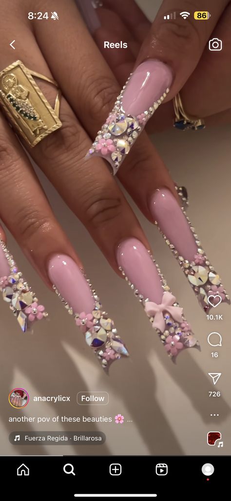 Birthday Bling Nails, Pink Bling Acrylic Nails, Blinged Out Nails, Bedazzled Nails, Xl Nails, Acrylic Nail Designs Coffin, Girls Nail Designs, Diy Acrylic Nails, Colored Acrylic Nails