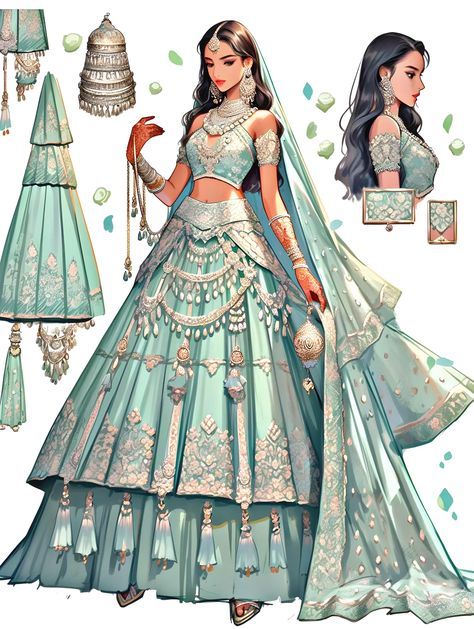 Indian Lehenga Drawing, Ancient Indian Outfits, Saree Design Sketches, Indian Outfits Drawing, Lehenga Drawing Sketches, Indian Dress Drawing, Hindu Outfit, Traditional Indian Clothing, Dress Illustration