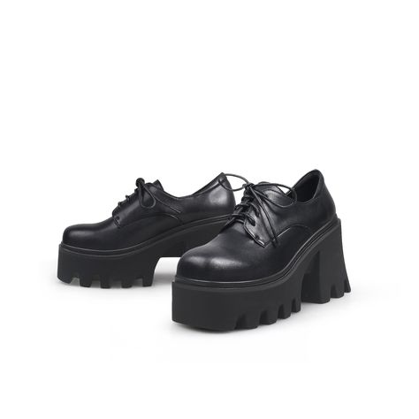 Stand tall in this sleek hand-dyed leather oxford that features a chunky lug sole with a low block heel. 3.34'' heel 1.57" platform Lace-up Genuine leather upper Leather lining Rubber sole Shipping note: Custom made-to-order, extra 3 days for shipping. Black Platform Oxfords, Chunky Oxfords, Chunky Black Shoes, Platform Oxford Shoes, Platform Dress Shoes, Chunky Platform Shoes, Mens Platform Shoes, Shoes Png, Platform Oxfords