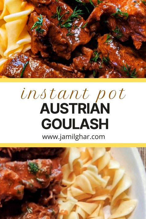 Austrian Goulash features boneless short ribs simmered in a dark gravy in the Instant Pot until the beef is fork-tender; it's the ultimate comfort meal. Instant Pot Hungarian Goulash, Austrian Goulash, German Goulash, Austrian Christmas, Pork Goulash, Boneless Short Ribs, Swiss Food, Bread Dumplings, Beef Goulash