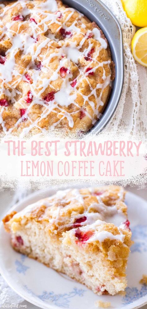 Homemade Strawberry Lemon Coffee Cake recipe makes the best easy baking recipe! This strawberry coffee cake with lemon is made from scratch and topped with a brown sugar crumb that bakes right into the cake, making a brown sugar crust that is to die for. Fresh strawberries and fresh lemon give this classic coffee cake recipe a bright flavor perfect for any spring or summer brunch recipe! #strawberry #lemon #coffeecake #recipe #dessert #brunch #breakfast Cake Recipe Strawberry, Strawberry Coffee Cake, The Best Coffee Cake, Summer Brunch Recipes, Lemon Coffee Cake, Best Coffee Cake, Easy Coffee Cake, Homemade Coffee Cake, Classic Coffee Cake