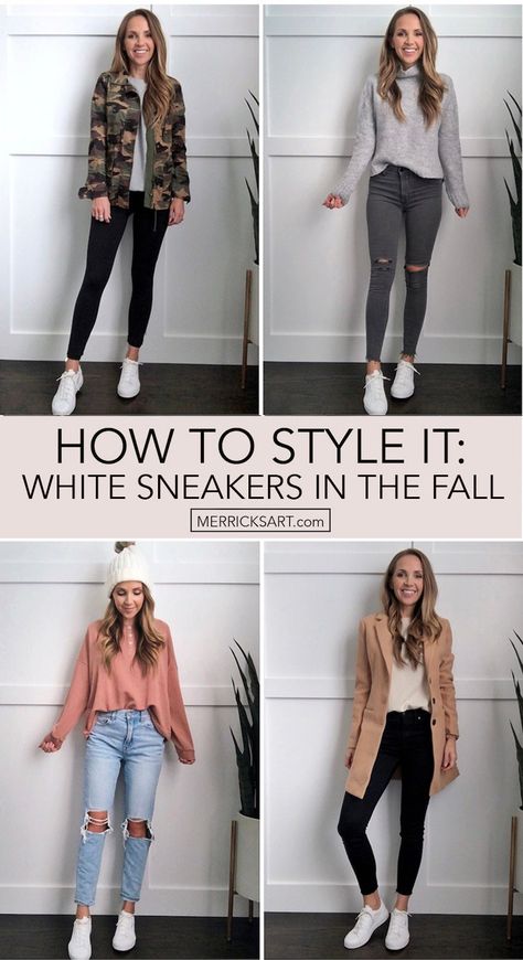 4 Ways to Wear White Sneakers in the Fall - Merrick's Art Work Outfits Women White Sneakers, Dressed Up Tennis Shoes Outfit, Casual Work Outfits Tennis Shoes, Cute Work Outfits With Tennis Shoes, Drs Appointment Outfit Casual, White Sneakers Women Outfit, White Tennis Shoes Outfit, Sneaker Outfit Fall, Mode Tennis