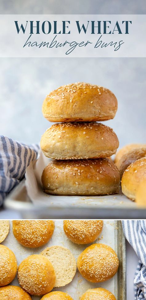 Whole Wheat Hamburger Buns Whole Wheat Hamburger Bun Recipe, Whole Wheat Hamburger Buns, Baked Hamburgers, Homemade Burger Buns, Hamburger Rolls, Healthy Hamburger, Burger Buns Recipe, Hamburger Bun Recipe, Homemade Hamburger Buns