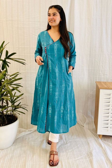 Indie-bohemian women's clothing brand inspired by rich Indian crafts. Shop our dresses and jumpsuits handcrafted from handloom ikat and hand-block fabrics. Handloom Kurtas Women, Ikat Print Kurti Designs, Handloom Dress Designs, Ikkat Suits Designs, Handloom Kurti Designs, Ikat Kurta Designs Cotton, Ikat Dress Kurti, Ikat Kurti Designs, Ikat Dress Designs