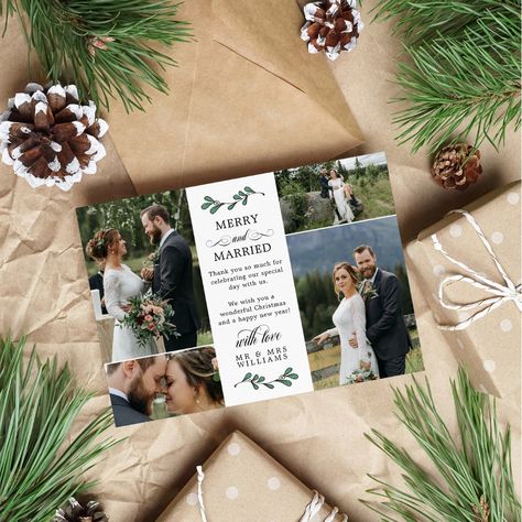 Wedding Thank You Christmas Cards, Wedding Christmas Cards, Christmas Wedding Card, Wedding Christmas Card, Christmas Themed Wedding, Merry And Married, Wedding Collage, Newlywed Christmas, Christmas Stationery