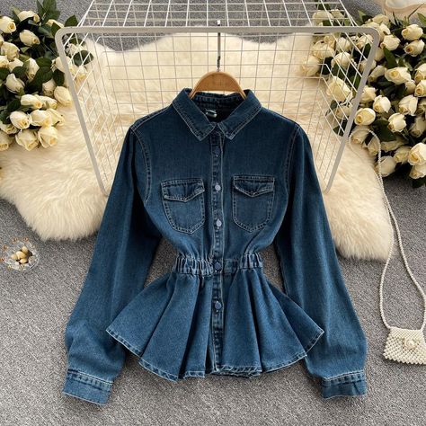 Denim Clothes, Blouse Casual Fashion, Ruffle Jacket, Early Spring Outfits, Blue Denim Jacket, Jacket Long, Denim Coat Jacket, Current Fashion Trends, Abayas Fashion