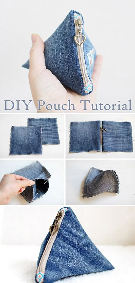 Triangle Zipper Pouch Pattern, Triangle Pouch Tutorial, Fabric Zipper Pouch, Jeans Pouch Diy, Zipper Pouches To Sew, Triangle Pouch Pattern, Denim Zipper Pouch, Diy Change Purse, Jean Pouch