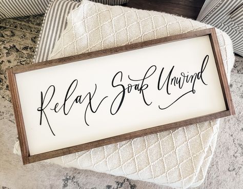 Relax Soak Unwind, Rustic Wood Wall Art, Rustic Wood Walls, Hand Lettering Quotes, Rustic White, Bathroom Signs, Lettering Quotes, Bathroom Wall Decor, Christmas Delivery