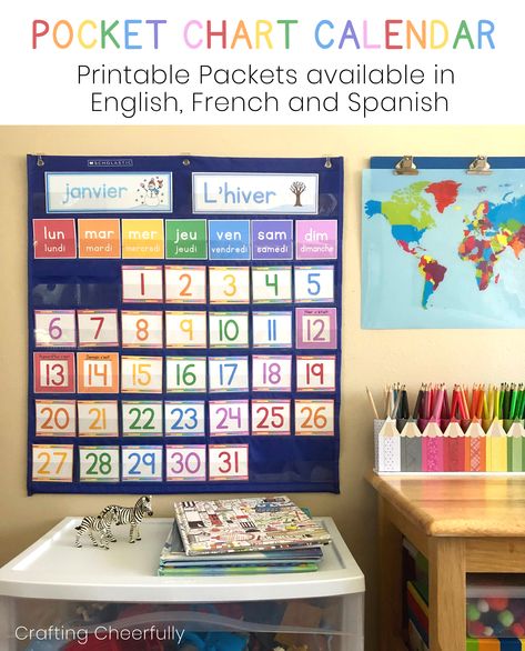 My popular Pocket Chart Calendar Printables are now available in French and Spanish! These brightly colored, cheerful printables are fun and interactive! Kindergarten Calendar Wall, Pocket Chart Calendar, Kindergarten Calendar, Spanish Printables, Preschool Calendar, French Activities, Editable Calendar, Hanging Calendar, Classroom Calendar