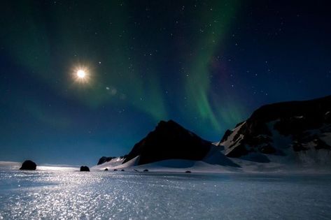 Aurora australis display in front of Jupiter, Scorpius and the Moon; southern night sky for winter-overs at Mawson Station conducting field training , Antarctica. pic Nick Cullen Southern Nights, Aurora Lights, Aurora Australis, Art Tips, Aurora Borealis, Night Sky, Night Skies, At Night, The Moon