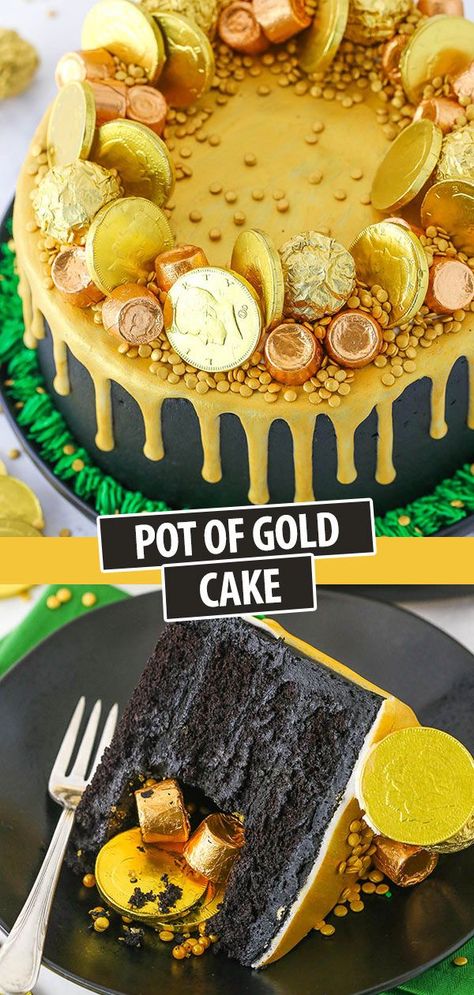 Pot of Gold Cake - perfect for St. Patricks Day! Pot Of Gold Cake, St Patricks Day Cakes, Chocolate Drip Cake, St Patricks Day Food, Smooth Cake, Food Stamps, Rice Crispy Treats, Gold Cake, Crazy Cakes