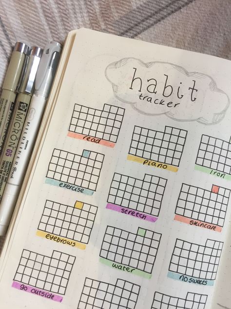 Ideas For Trackers, Bulett Journal Page Ideas Habit Tracker, Bulett Journal Page Ideas Mood Tracker, Bulletin Journal Ideas Mood Tracker, Bulett Jornal Ideas Monthly, Habits Journal Ideas, Bolit Journal Ideas, Bullet Journal Hobby Tracker, Diy Calander Ideas