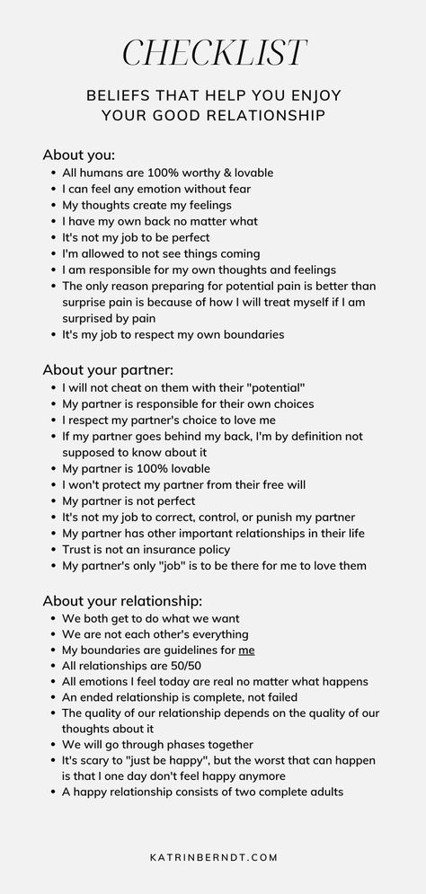 What we believe to be true shapes our world and our relationships. Our brains are evidence seekers, not truth finders. So our thoughts and beliefs play a huge role in how we experience our good relationships. Here's a checklist of beliefs about yourself, your partner, and the relationship that help you enjoy what you've already got! Relationship Checklist, Be A Good Partner, Relationship Exercises, A Good Partner, Good Relationships, Good Partner, Teaching Life Skills, Good Relationship, Personal Growth Plan