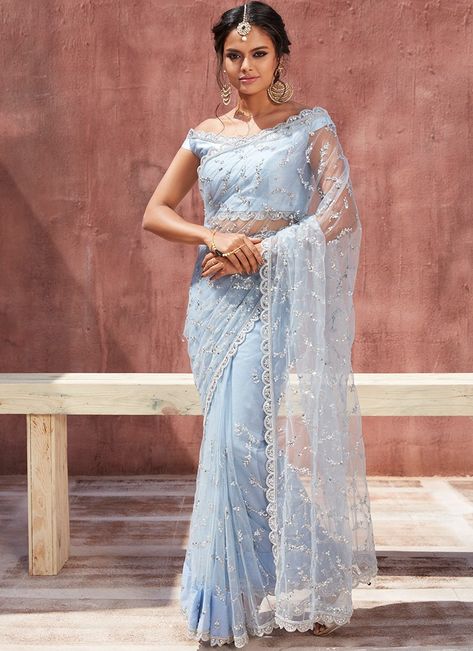 Sky Blue Net Saree, Hindi Clothes, Designer Sarees Wedding Party Wear, Blue Net Saree, Light Blue Saree, Wedding Farm, Designer Sarees Wedding, Indian Sari Dress, Wedding Party Wear