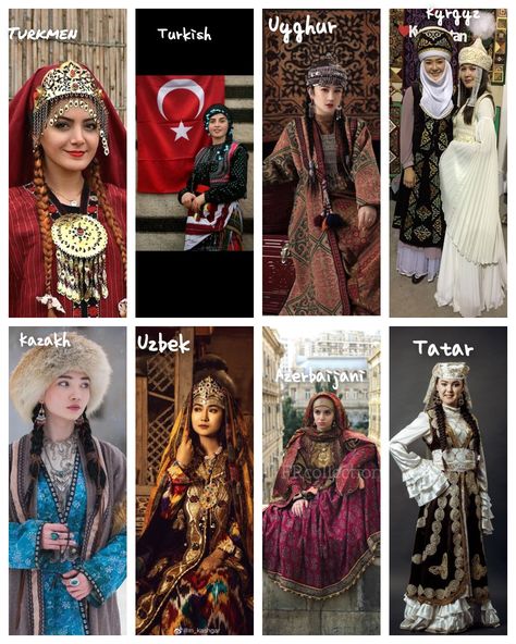 Turkic clothings. #Azerbaijani #Turkish #Kazakh #Kyrgyz #Uyghur #Uzbek #Tatar #Turkmen Uyghur Traditional Clothing, Turkish Historical Clothing, Kazakh Clothing Traditional Dresses, Tatar Traditional Clothing, Turkey Clothes Fashion, Uzbek Traditional Clothing, Ancient Turkish Clothing, Traditional Kazakh Clothing, Kazakhstan Traditional Clothing