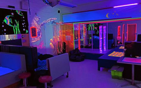 A Glow or Fluorescent room for Adults with specific sensory needs for calming and communication Sensory Room Ideas For Adults, Sensory Room Ideas, Sensory Bedroom, Christmas Window Boxes, Calm Room, Calming Room, Soft Play Area, Sensory Therapy, Garden Therapy