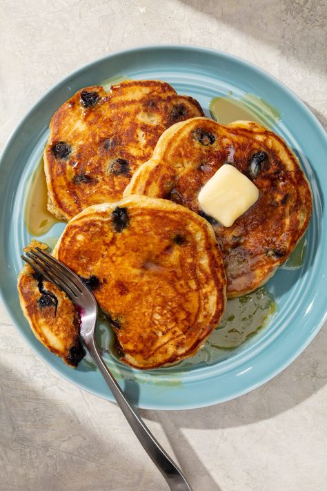 To take lazy summer breakfasts to a whole new level of luxury, we created this stack of Deluxe Blueberry Pancakes. Summer Breakfasts, Huckleberry Recipes, Blueberry Buttermilk Pancakes, Cooking App, Summer Breakfast, America's Test Kitchen Recipes, Kitchen Recipe, America's Test Kitchen, Cooks Illustrated