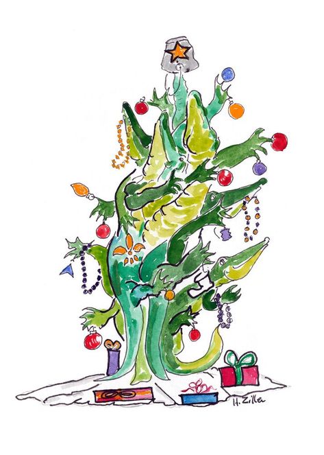 In Louisiana, our Christmas trees made from gators!  (maybe)  Overview- - Christmas card is from original watercolor by an artist who lives, works, and mostly plays in south Louisiana. - Christmas card is blank inside for your holiday message. - printed on fine art archival quality paper. - each wrapped individually in a clear protective sleeve and carefully packed in a sturdy photo mailer. - ships from Louisiana. - guaranteed to make you smile! Louisiana Christmas Tree, Beach Holiday Card, Louisiana Christmas, Painting Christmas, Christmas Tree Art, Holiday Messages, South Louisiana, Tree Christmas, 12 Days Of Christmas