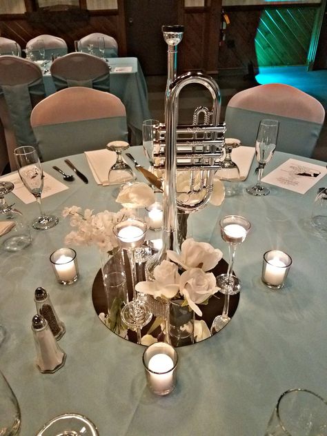 Instrument centerpieces for the tiffany blue, white, and silver wedding Instrument Centerpieces, Jazz Theme, White And Silver Wedding, Tiffany Blue, Silver Wedding, Wedding Theme, Party Decor, Table Settings, Blue White