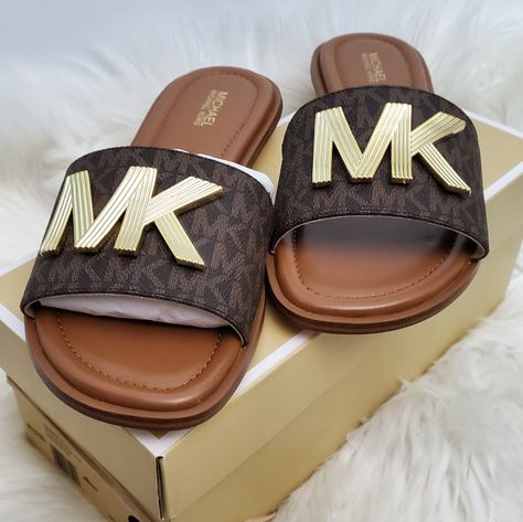 Michael Kors Slide Signature Brown Pvc Cross-Posted Michael Kors Trainers, Michael Kors Slides, Michael Kors High Heels, Silver Flip Flops, Michael Kors Flats, Michael Kors Sneakers, Michael Kors Wedges, Pretty Sandals, Michael Kors Sandals